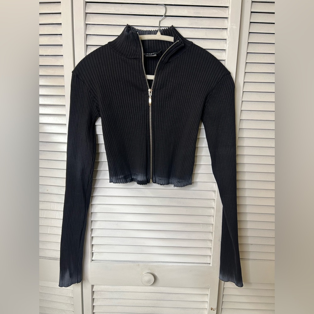 Eleven Paris Black Ribbed Zip-Up Crop Top